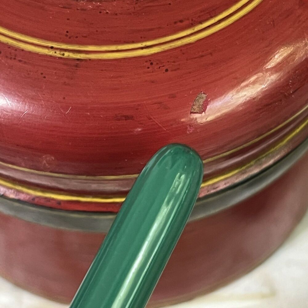 Vintage Wood Kumkum Lacquered Box Tika Powder Trinket Box Red Metal Pom Pom - Picture 10 of 17